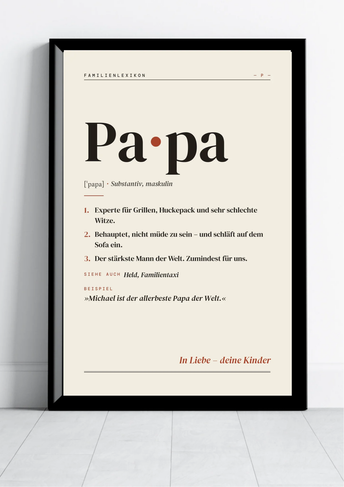Papa Definition Poster personalisiert – Poster im schwarzen Rahmen