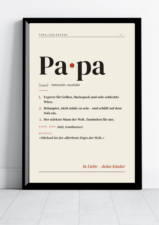 Papa Definition Poster personalisiert – Poster im schwarzen Rahmen