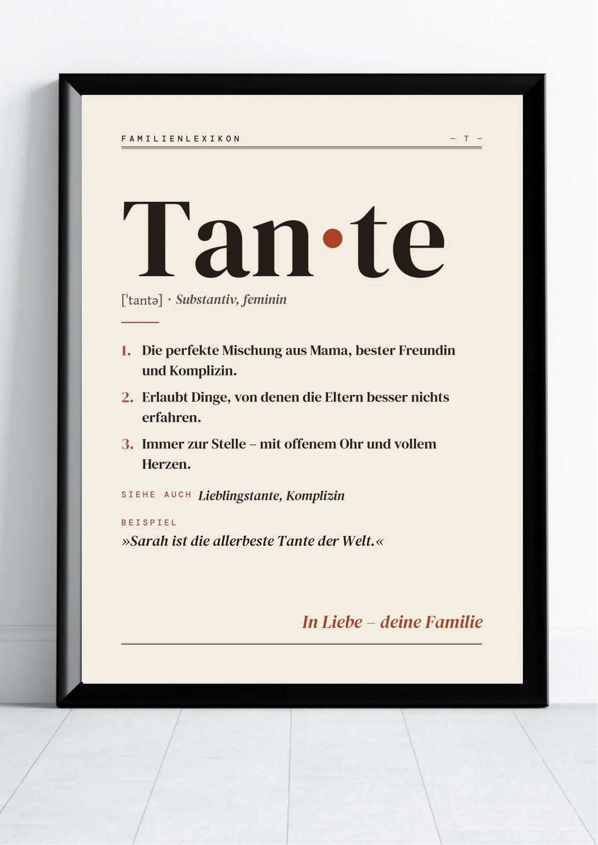 Tante Definition Poster im Hochformat – Familienlexikon mit Namen und Widmung