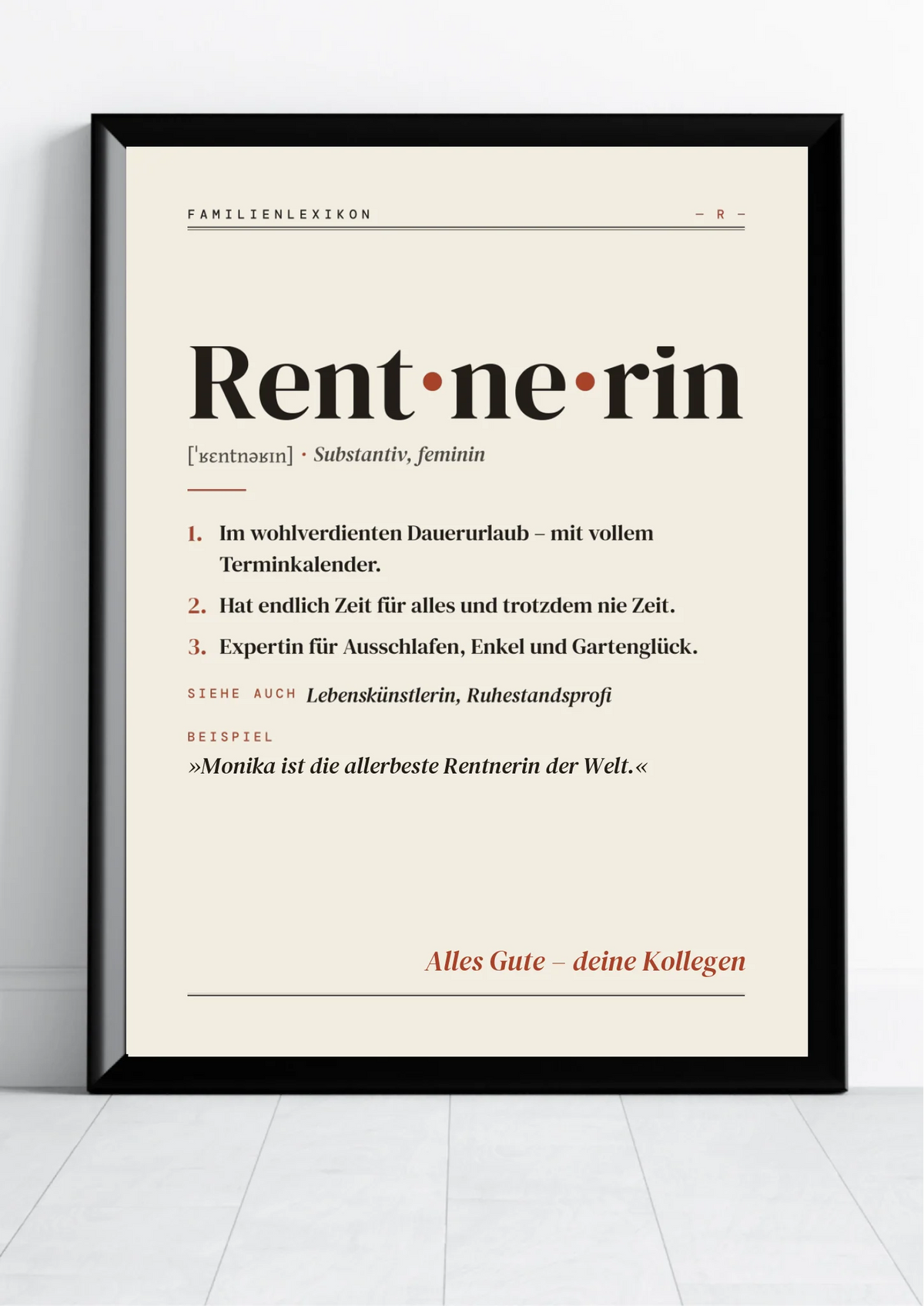 Rentnerin & Rentner Definition Poster im Hochformat – Familienlexikon mit Namen und Widmung