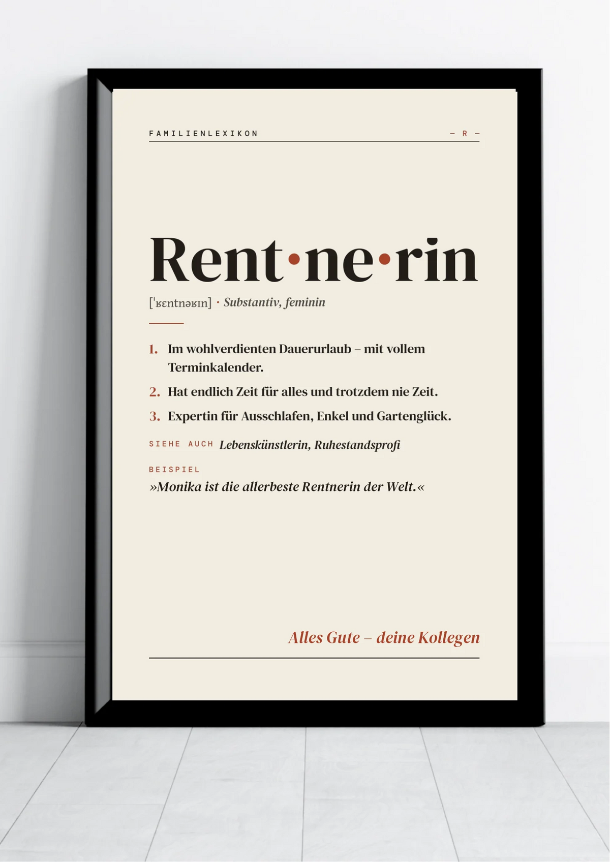 Rentnerin & Rentner Definition Poster personalisiert – Poster im schwarzen Rahmen