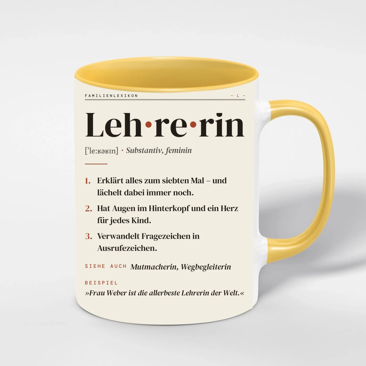 Lehrerin & Lehrer Definition Tasse personalisiert mit Namen – Innenfarbe Gelb