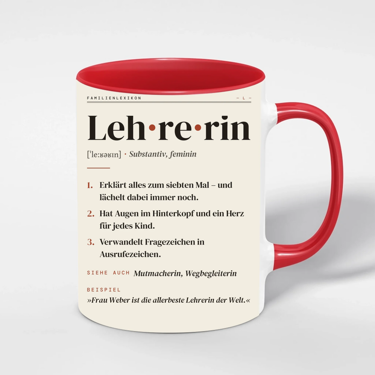 Lehrerin & Lehrer Definition Tasse personalisiert mit Namen – Innenfarbe Rot