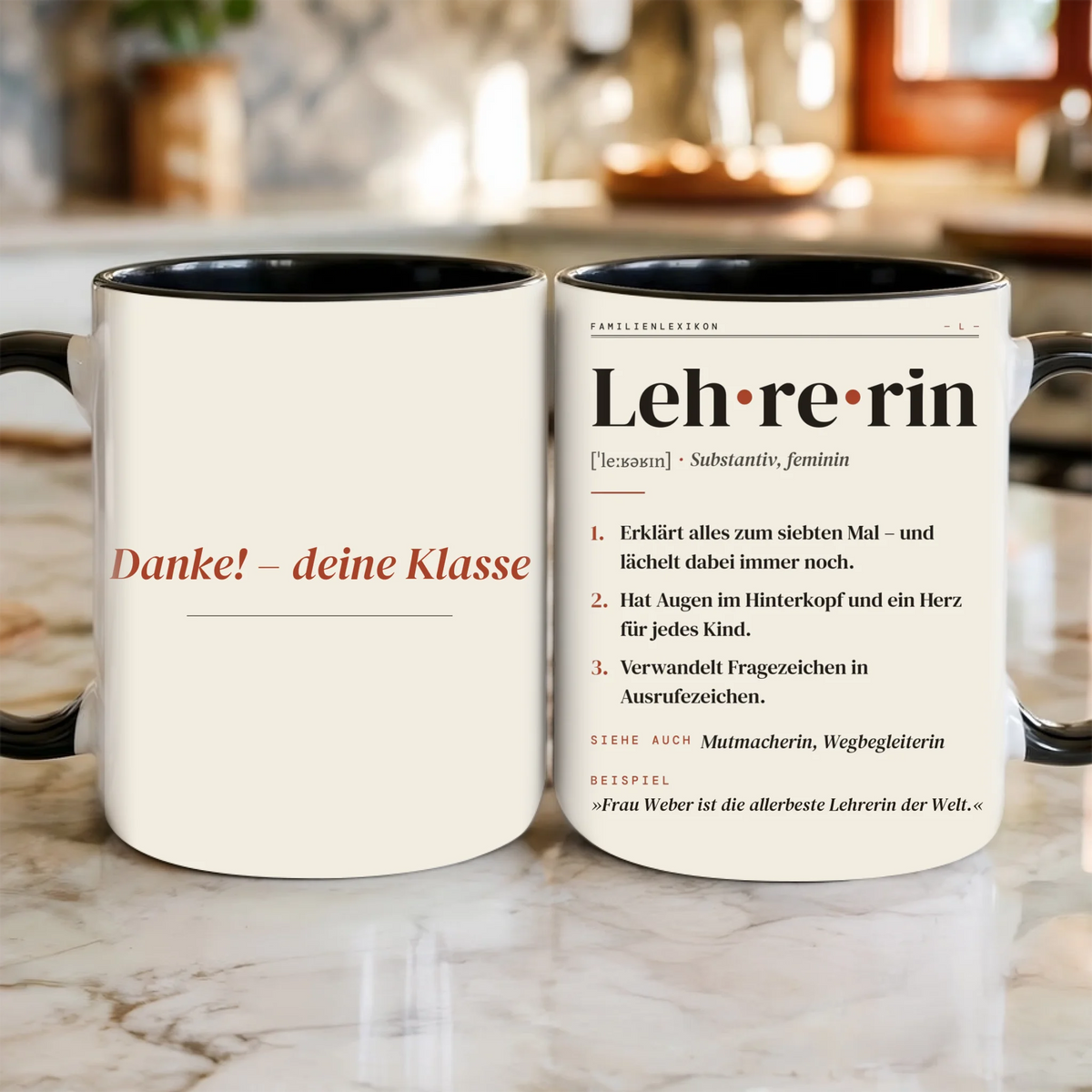 Lehrerin & Lehrer Definition Tasse personalisiert mit Namen – Vorder- und Rückseite