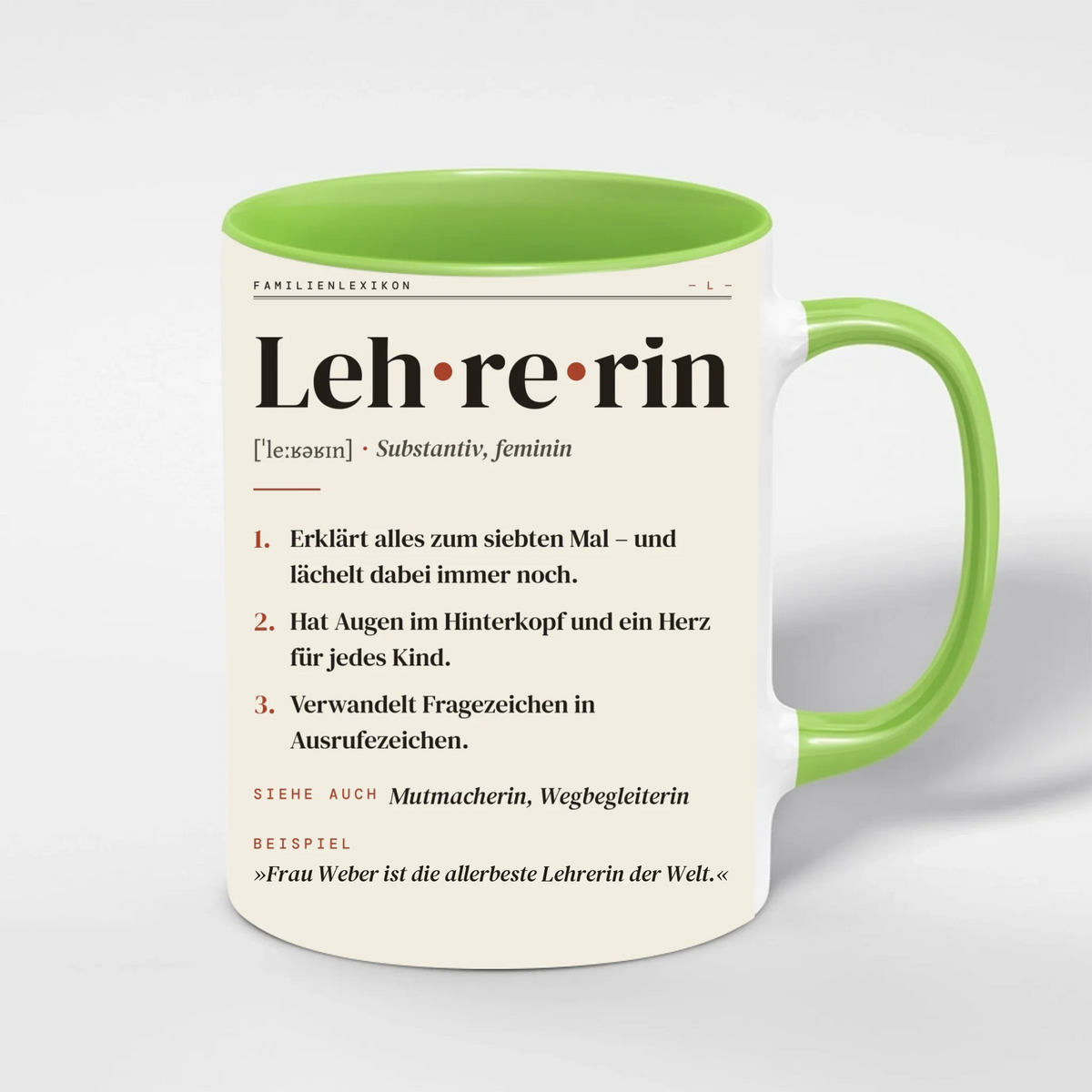 Lehrerin & Lehrer Definition Tasse personalisiert mit Namen – Innenfarbe Grün