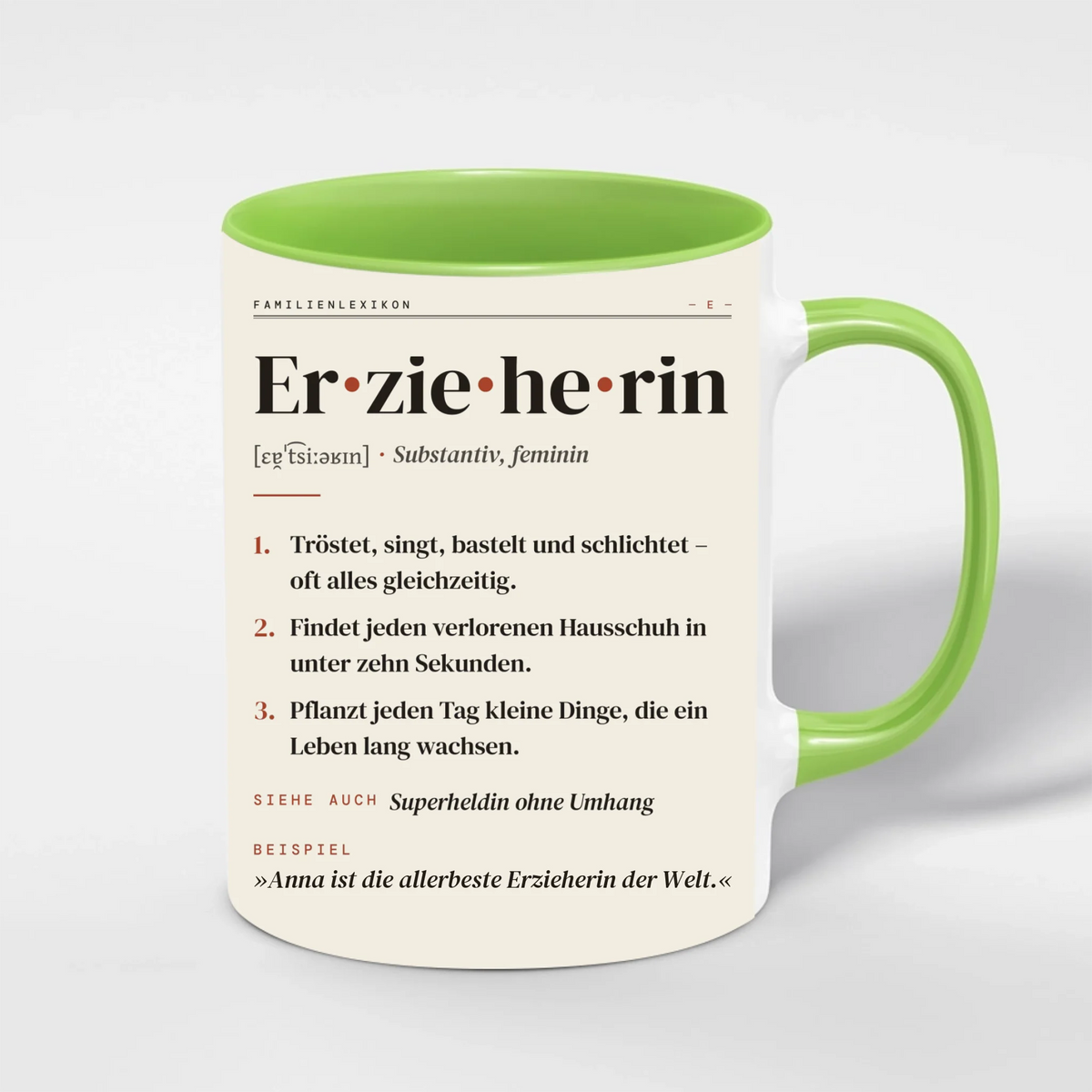 Erzieherin Definition Tasse personalisiert mit Namen – Innenfarbe Grün