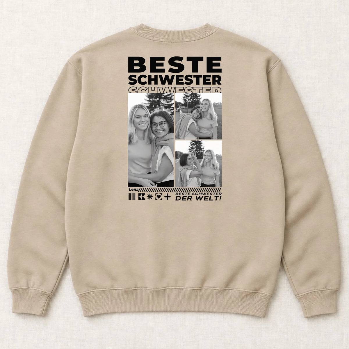 Beste Schwester Sweatshirt mit Fotos – Rückansicht liegend, Sand