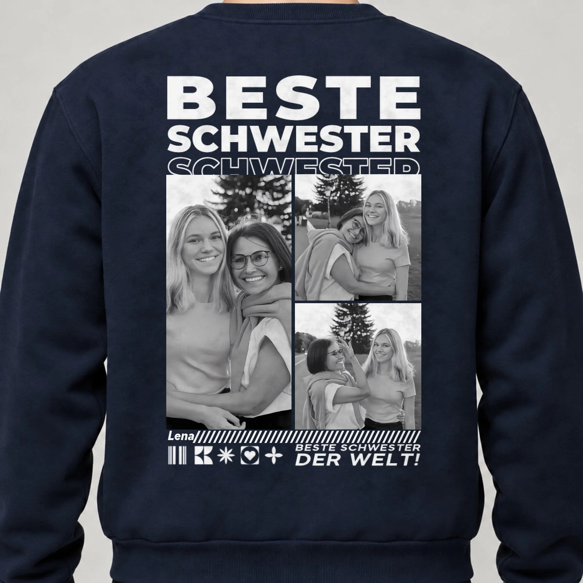 Beste Schwester Sweatshirt personalisiert – Rückendruck, Navy, getragen