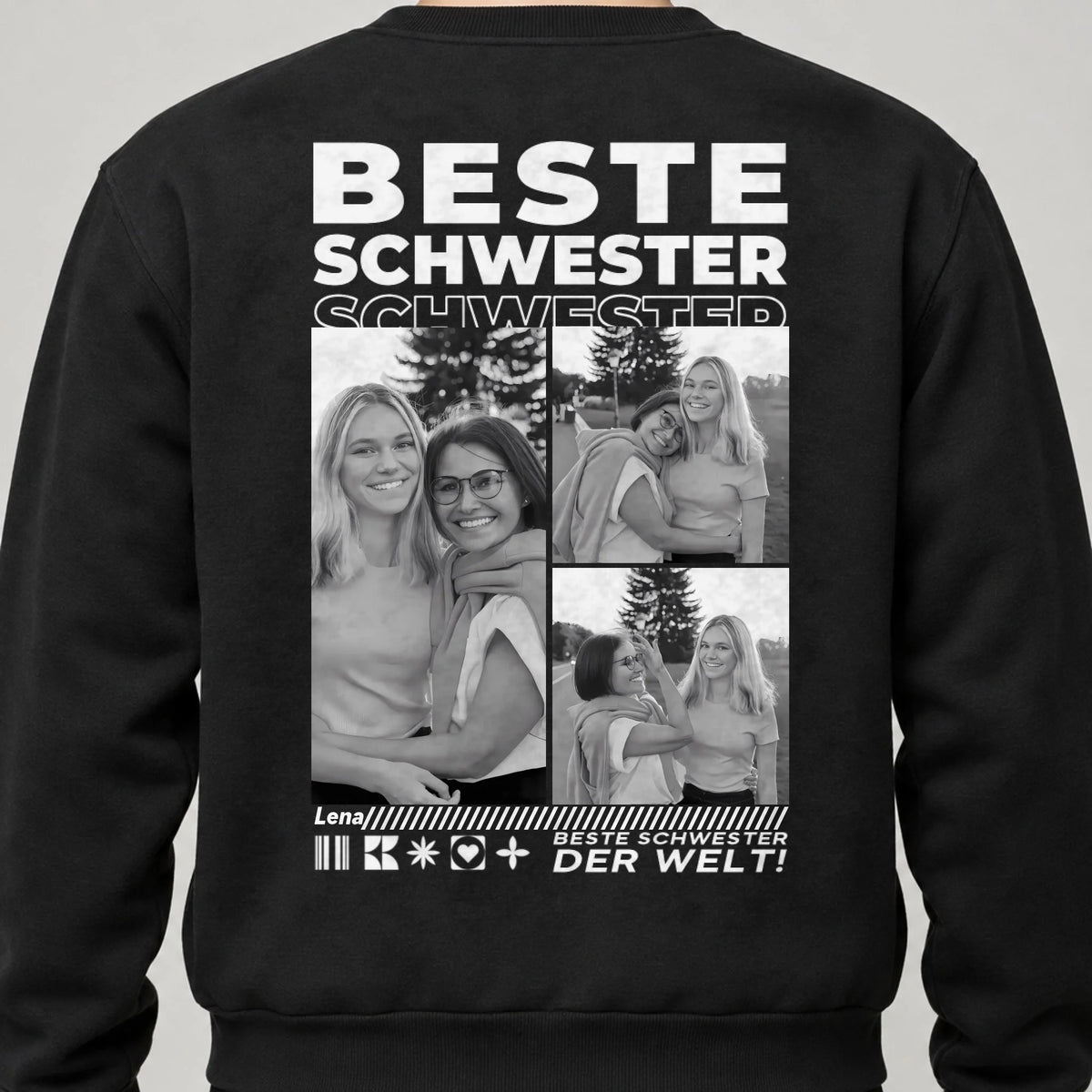 Beste Schwester Sweatshirt personalisiert mit Fotos, Namen und Spruch – Rückendruck, Schwarz, getragen