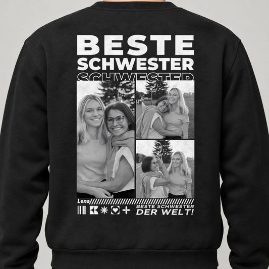 Beste Schwester Sweatshirt personalisiert mit Fotos, Namen und Spruch – Rückendruck, Schwarz, getragen
