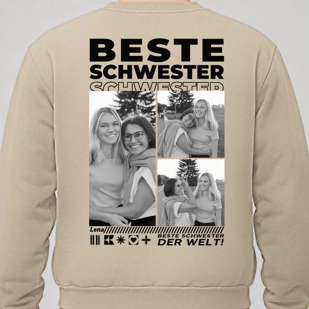 Beste Schwester Sweatshirt personalisiert – Rückendruck, Sand, getragen