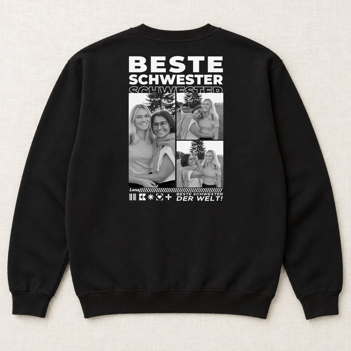 Beste Schwester Sweatshirt mit Fotos – Rückansicht liegend, Schwarz