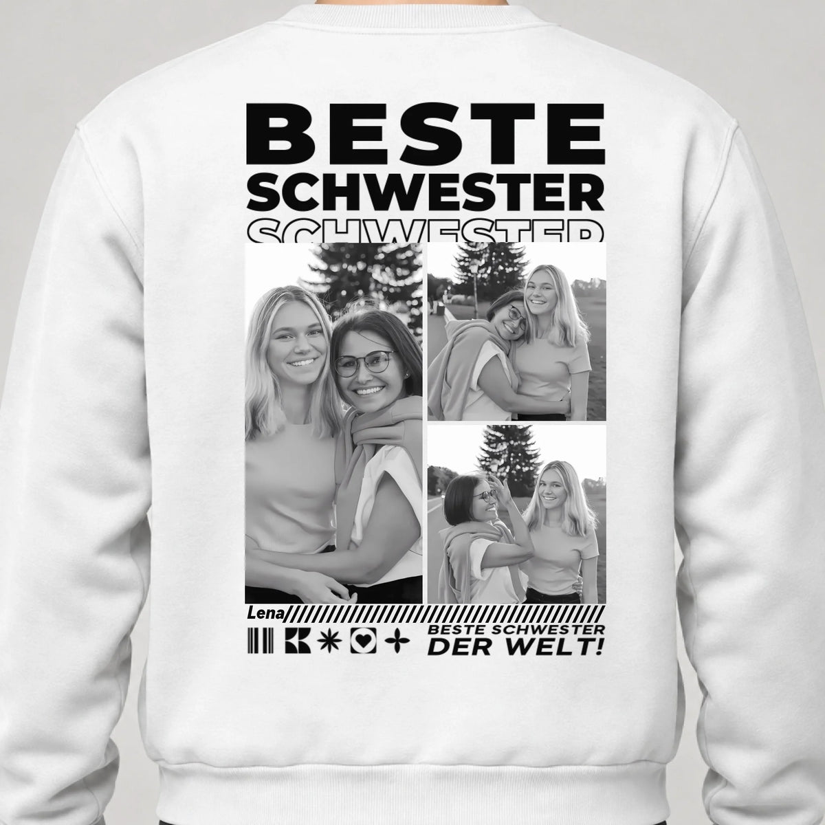 Beste Schwester Sweatshirt personalisiert – Rückendruck, Weiß, getragen