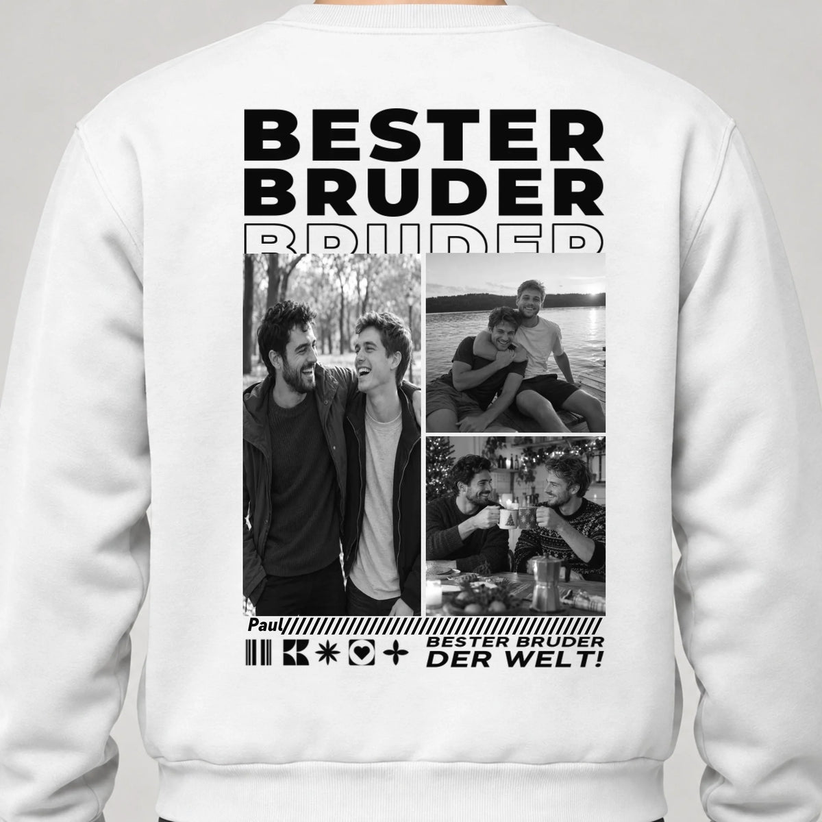 Bester Bruder Sweatshirt personalisiert – Rückendruck, Weiß, getragen