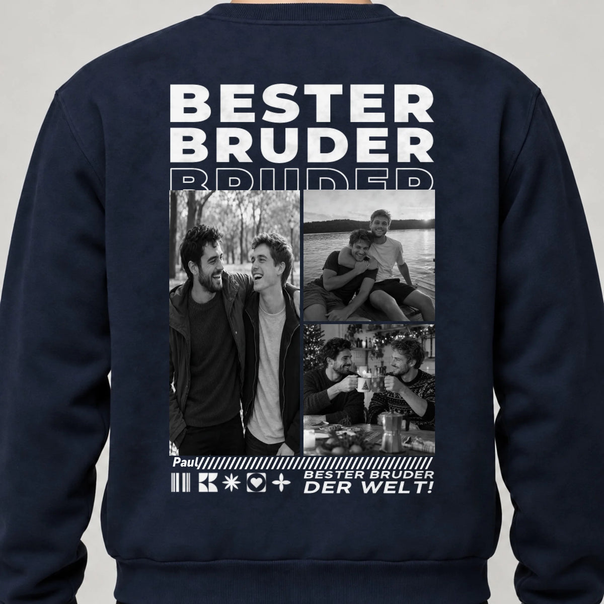 Bester Bruder Sweatshirt personalisiert – Rückendruck, Navy, getragen