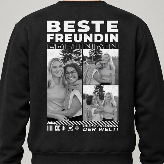 Beste Freundin Sweatshirt personalisiert mit Fotos, Namen und Spruch – Rückendruck, Schwarz, getragen