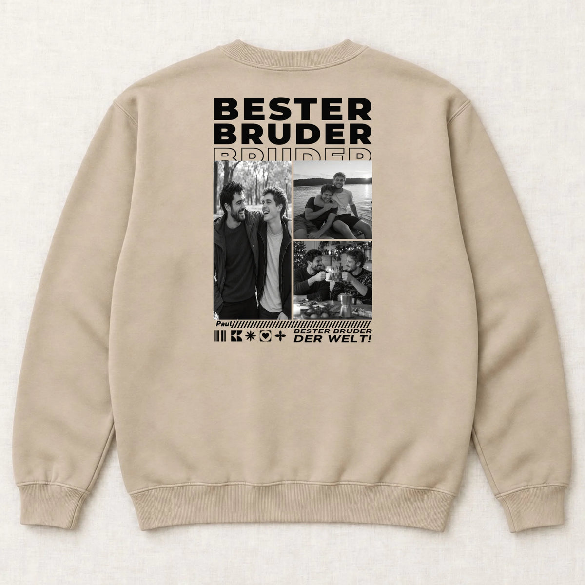 Bester Bruder Sweatshirt mit Fotos – Rückansicht liegend, Sand