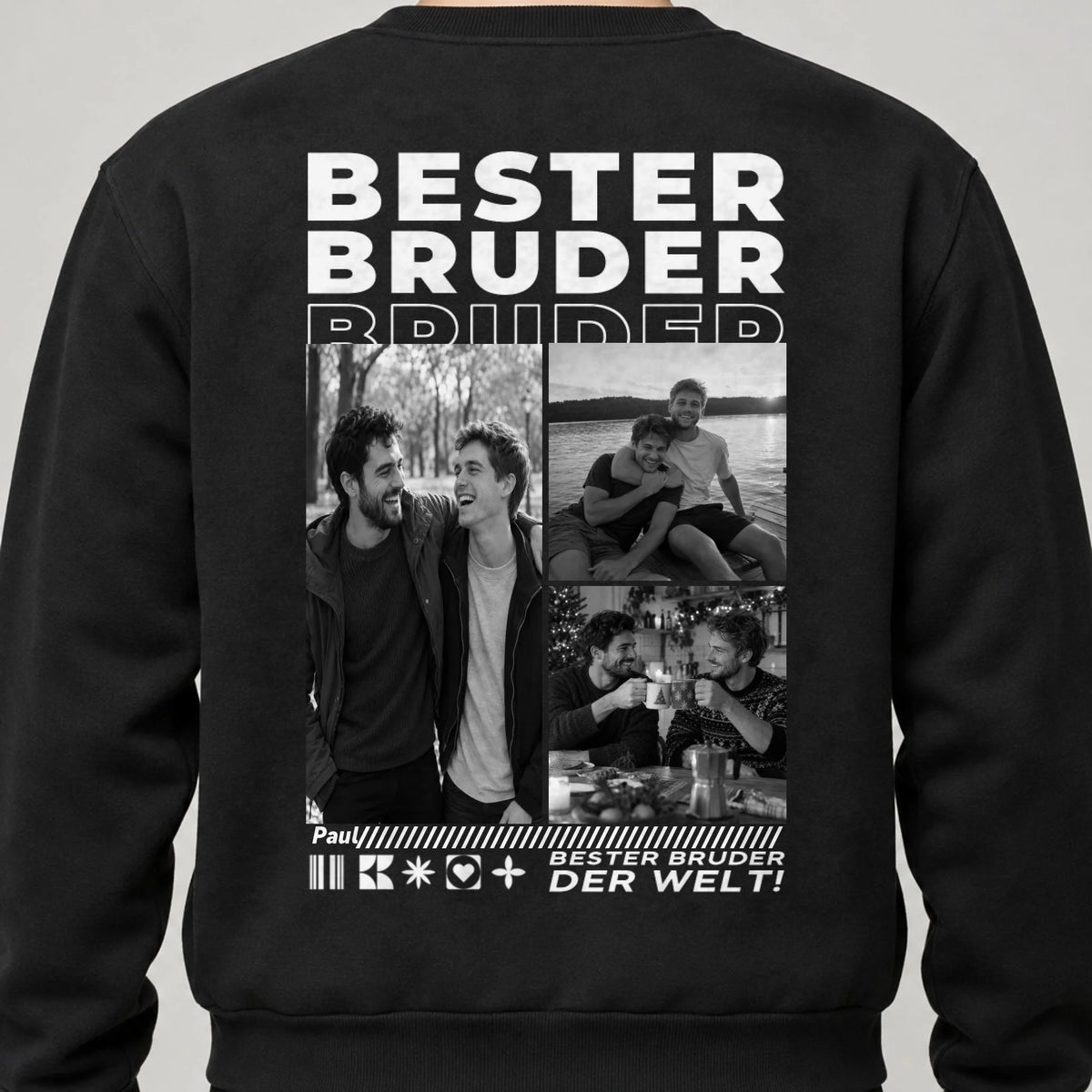 Bester Bruder Sweatshirt personalisiert mit Fotos, Namen und Spruch – Rückendruck, Schwarz, getragen