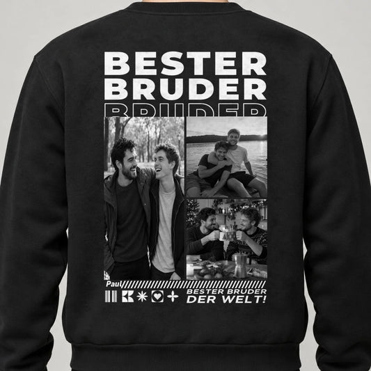 Bester Bruder Sweatshirt personalisiert mit Fotos, Namen und Spruch – Rückendruck, Schwarz, getragen