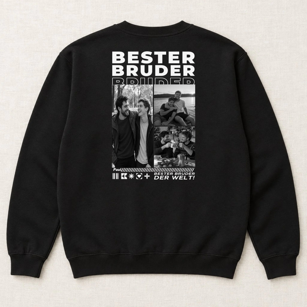 Bester Bruder Sweatshirt mit Fotos – Rückansicht liegend, Schwarz