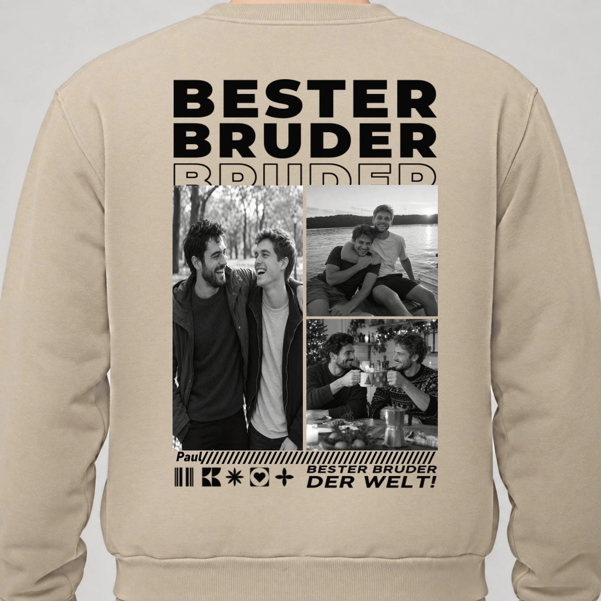 Bester Bruder Sweatshirt personalisiert – Rückendruck, Sand, getragen