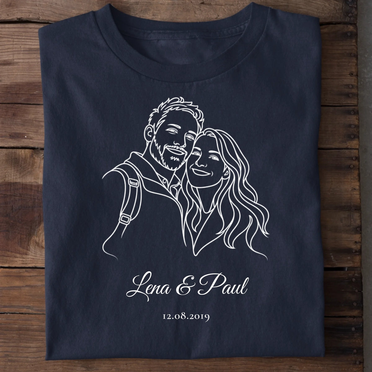 Paar T-Shirt Strichzeichnung personalisiert – Navy mit weißer Line-Art
