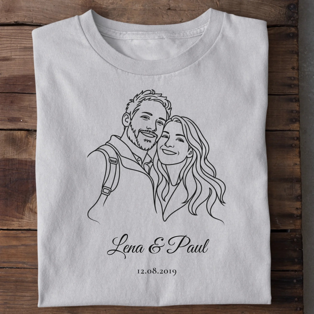 Paar T-Shirt Strichzeichnung personalisiert – Weiß mit schwarzer Line-Art