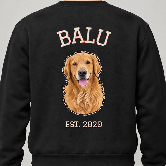 Haustier Sweatshirt mit Porträt nach Foto, Name und EST.-Jahr – Rückendruck, Schwarz, getragen