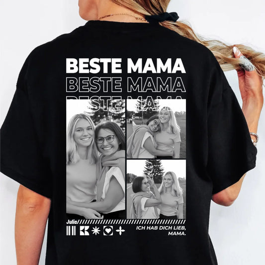 Mama T-Shirt mit Fotos personalisiert – Beste Mama Rückendruck mit Fotocollage in Schwarz