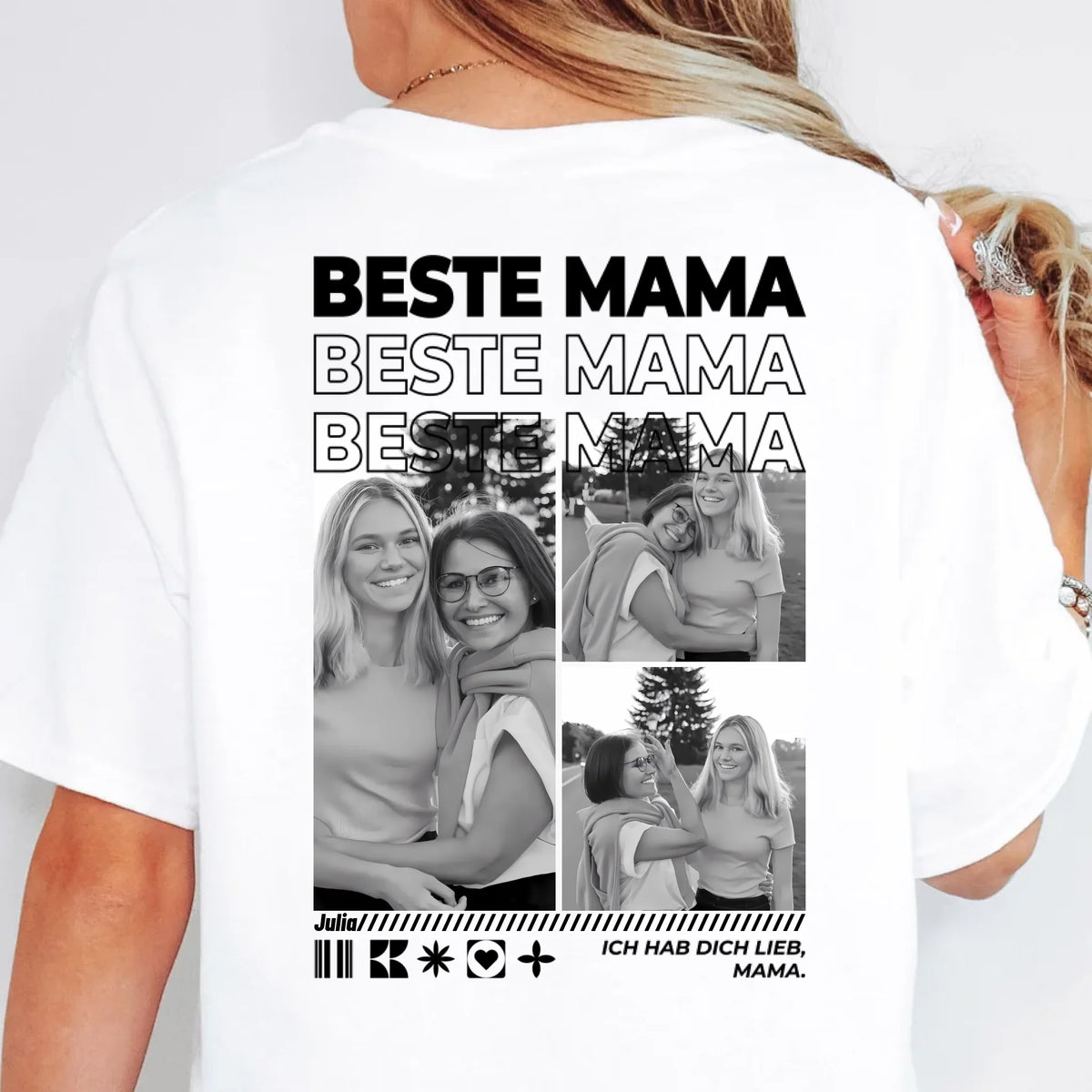 Mama T-Shirt personalisiert mit Fotos – Fotocollage auf dem Rücken in Weiß