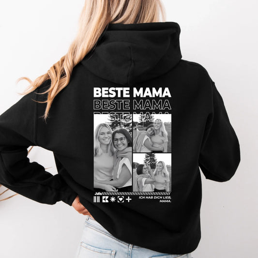 Mama Hoodie mit Fotos personalisiert – Beste Mama Rückendruck mit Fotocollage in Schwarz