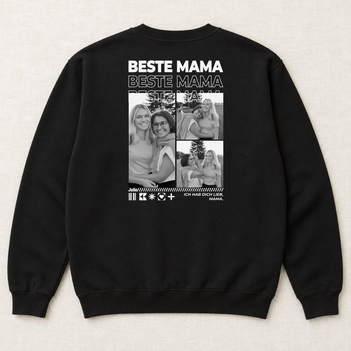 Mama Sweatshirt personalisiert mit Fotos, Namen und Spruch – Rückansicht liegend, Schwarz