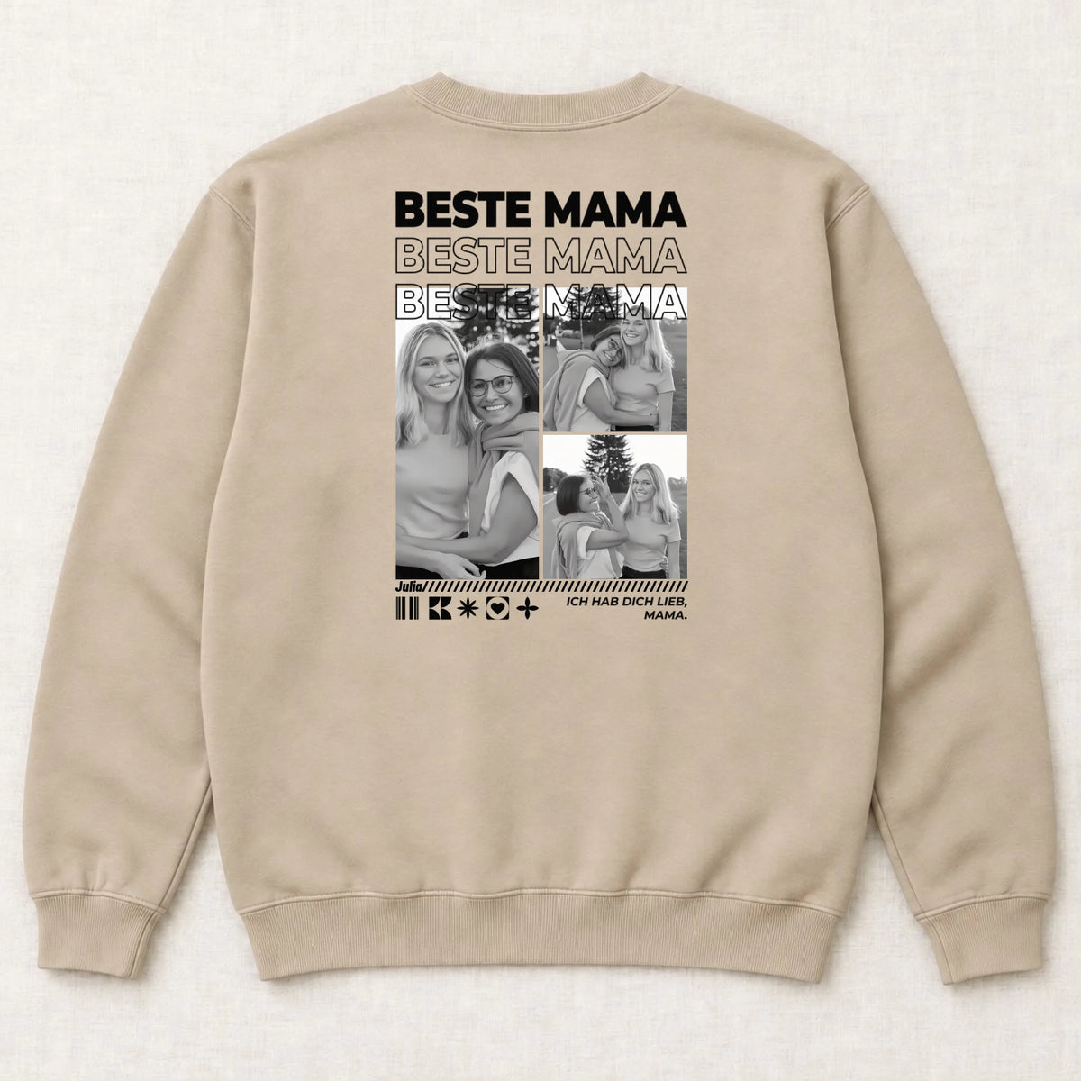 Mama Sweatshirt personalisiert mit Fotos, Namen und Spruch – Rückansicht liegend, Sand