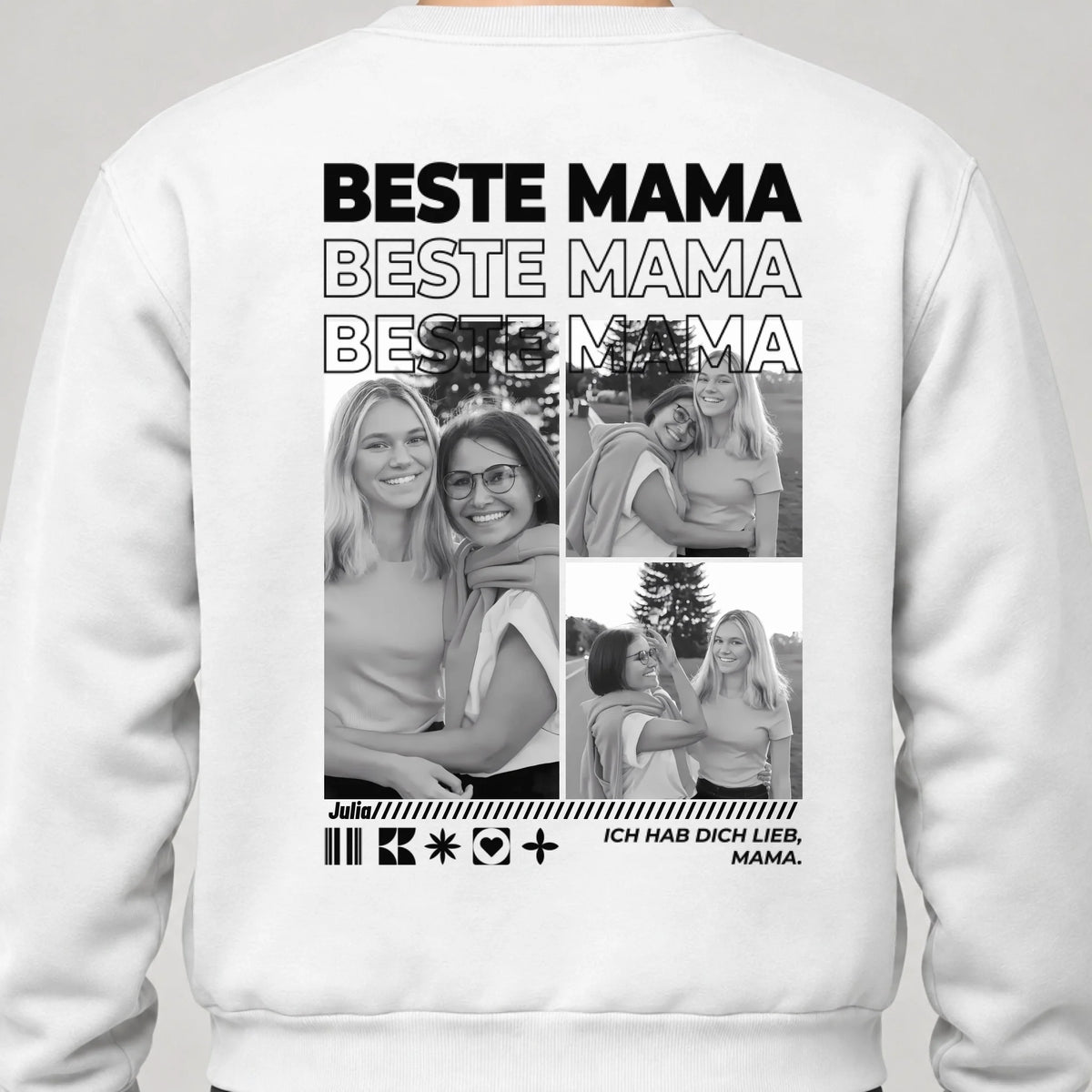 Mama Sweatshirt personalisiert mit Fotos, Namen und Spruch – Rückendruck, Weiß, getragen