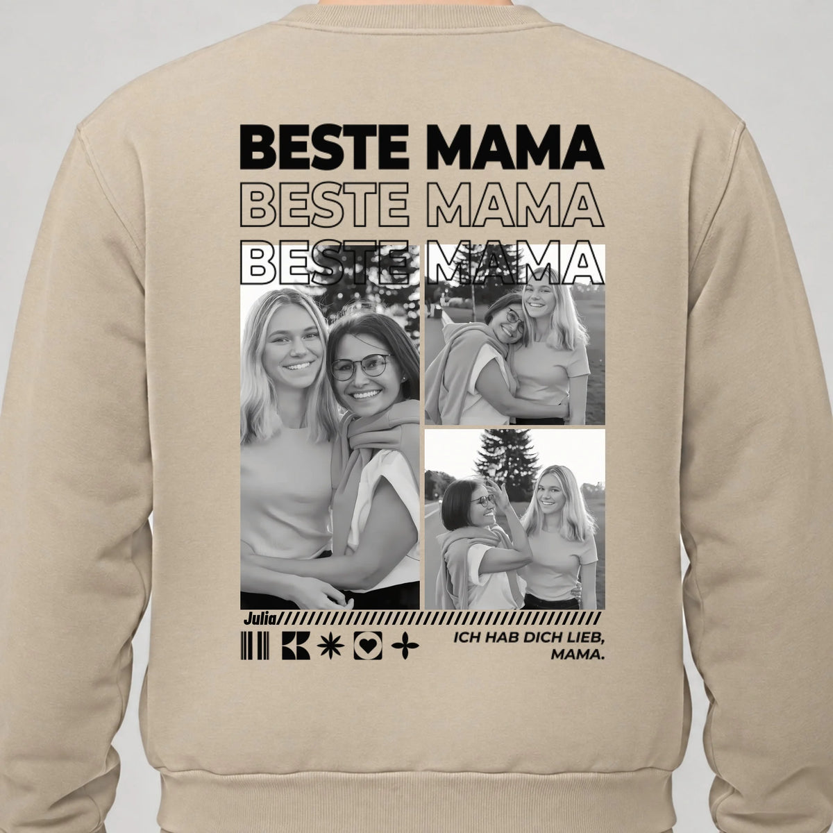 Mama Sweatshirt personalisiert mit Fotos, Namen und Spruch – Rückendruck, Sand, getragen