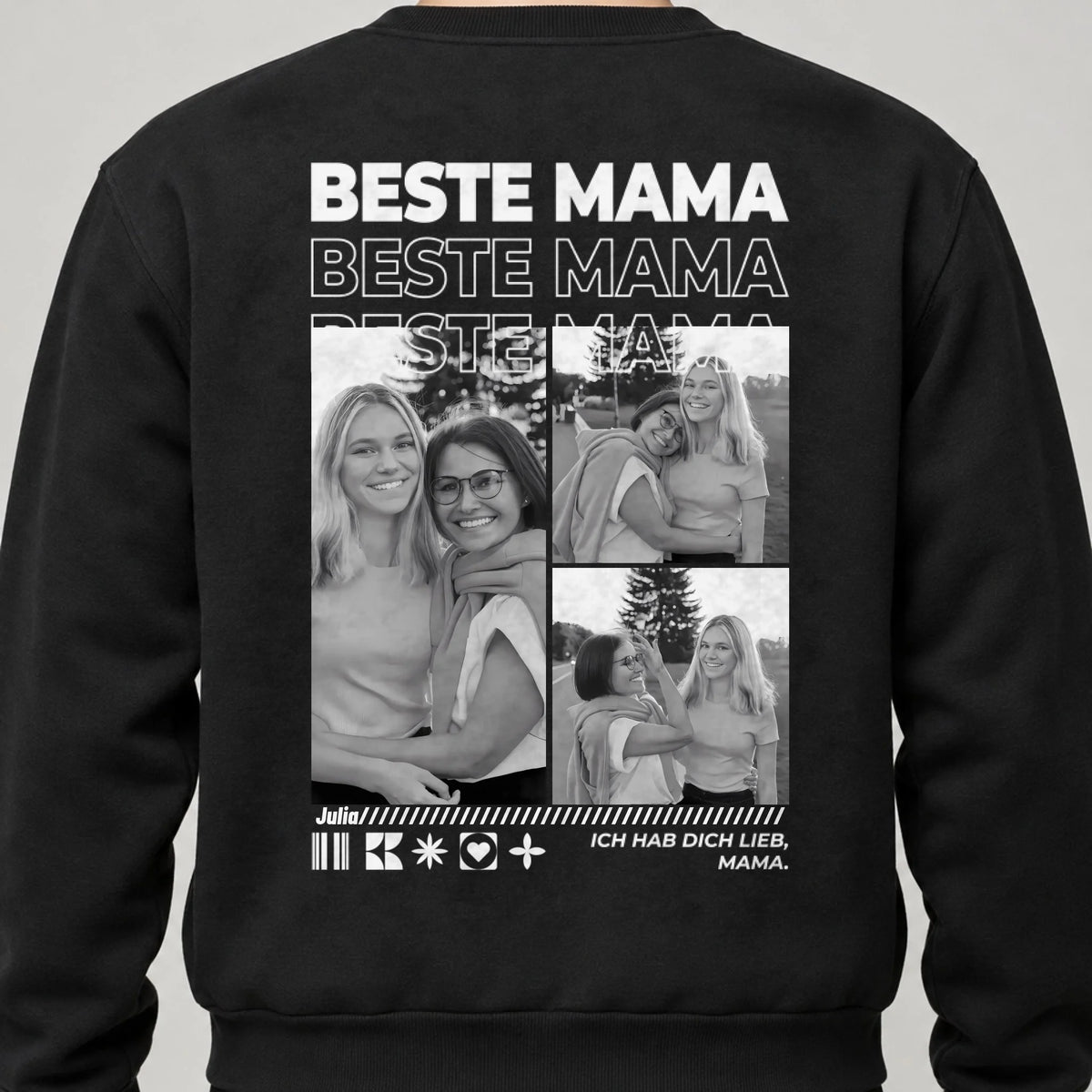 Mama Sweatshirt personalisiert mit Fotos, Namen und Spruch – Rückendruck, Schwarz, getragen