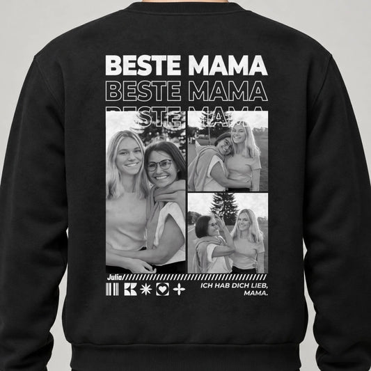 Mama Sweatshirt personalisiert mit Fotos, Namen und Spruch – Rückendruck, Schwarz, getragen