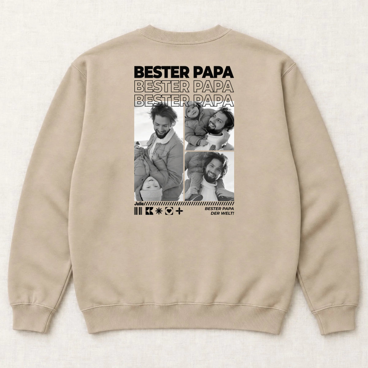 Papa Sweatshirt personalisiert mit Fotos, Namen und Spruch – Rückansicht liegend, Sand