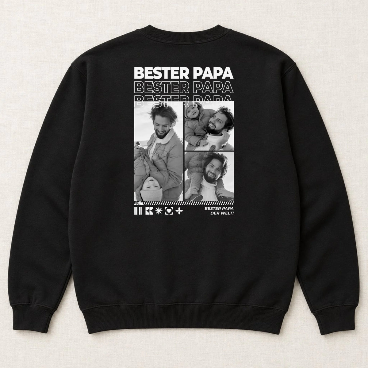 Papa Sweatshirt personalisiert mit Fotos, Namen und Spruch – Rückansicht liegend, Schwarz