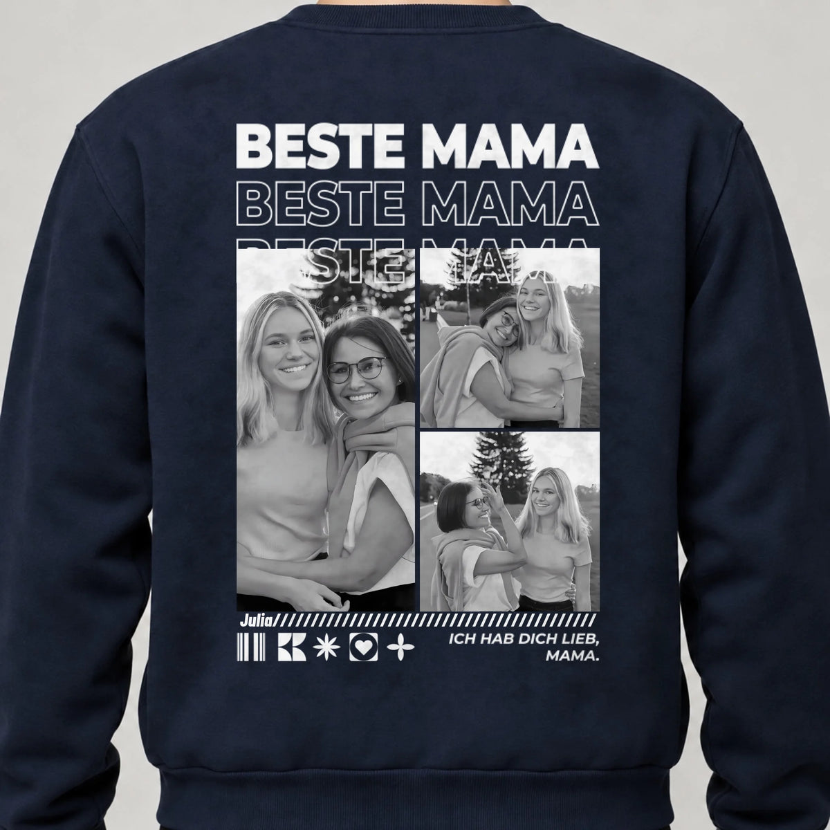 Mama Sweatshirt personalisiert mit Fotos, Namen und Spruch – Rückendruck, Navy, getragen