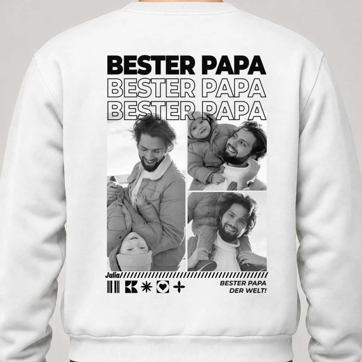 Papa Sweatshirt personalisiert mit Fotos, Namen und Spruch – Rückendruck, Weiß, getragen