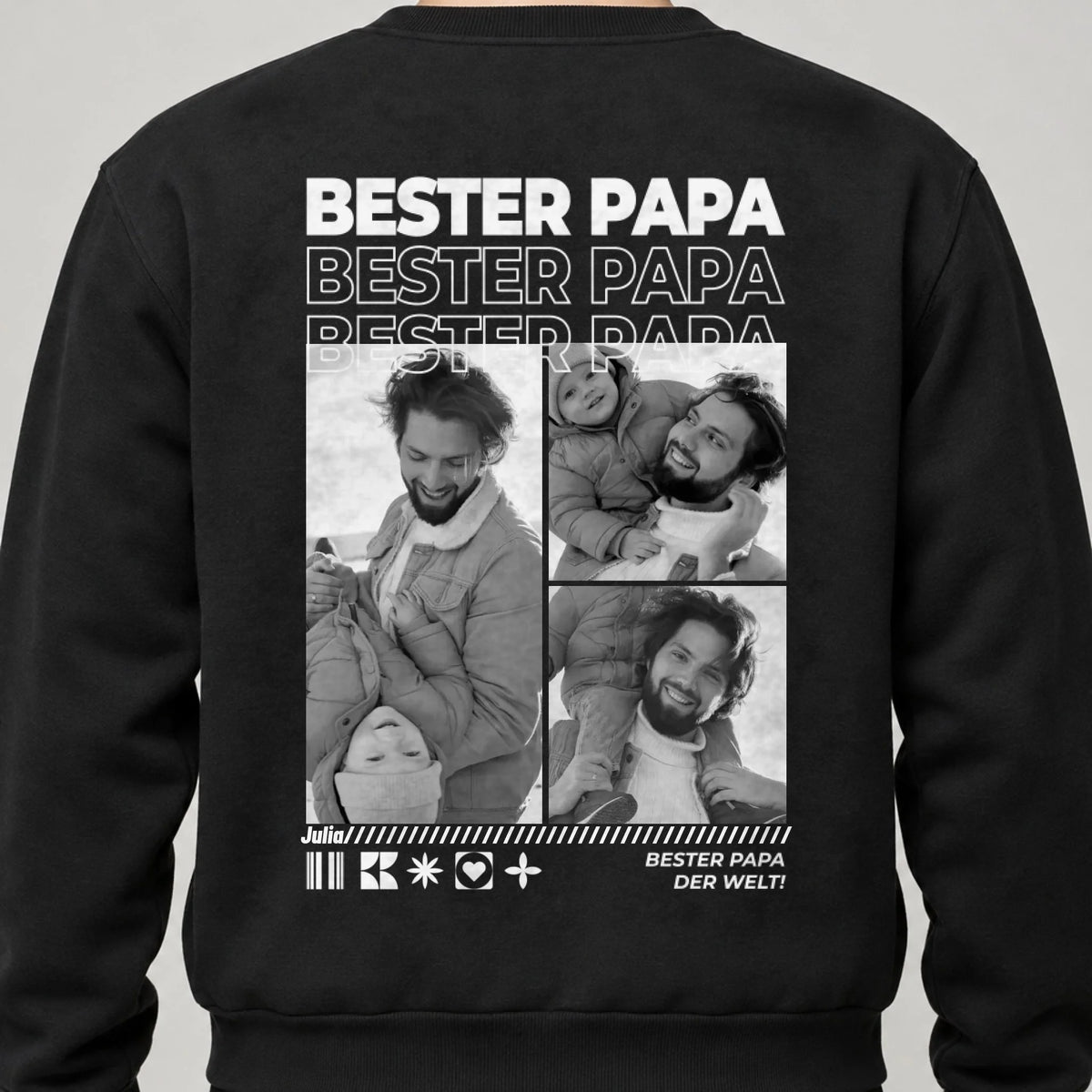 Papa Sweatshirt personalisiert mit Fotos, Namen und Spruch – Rückendruck, Schwarz, getragen