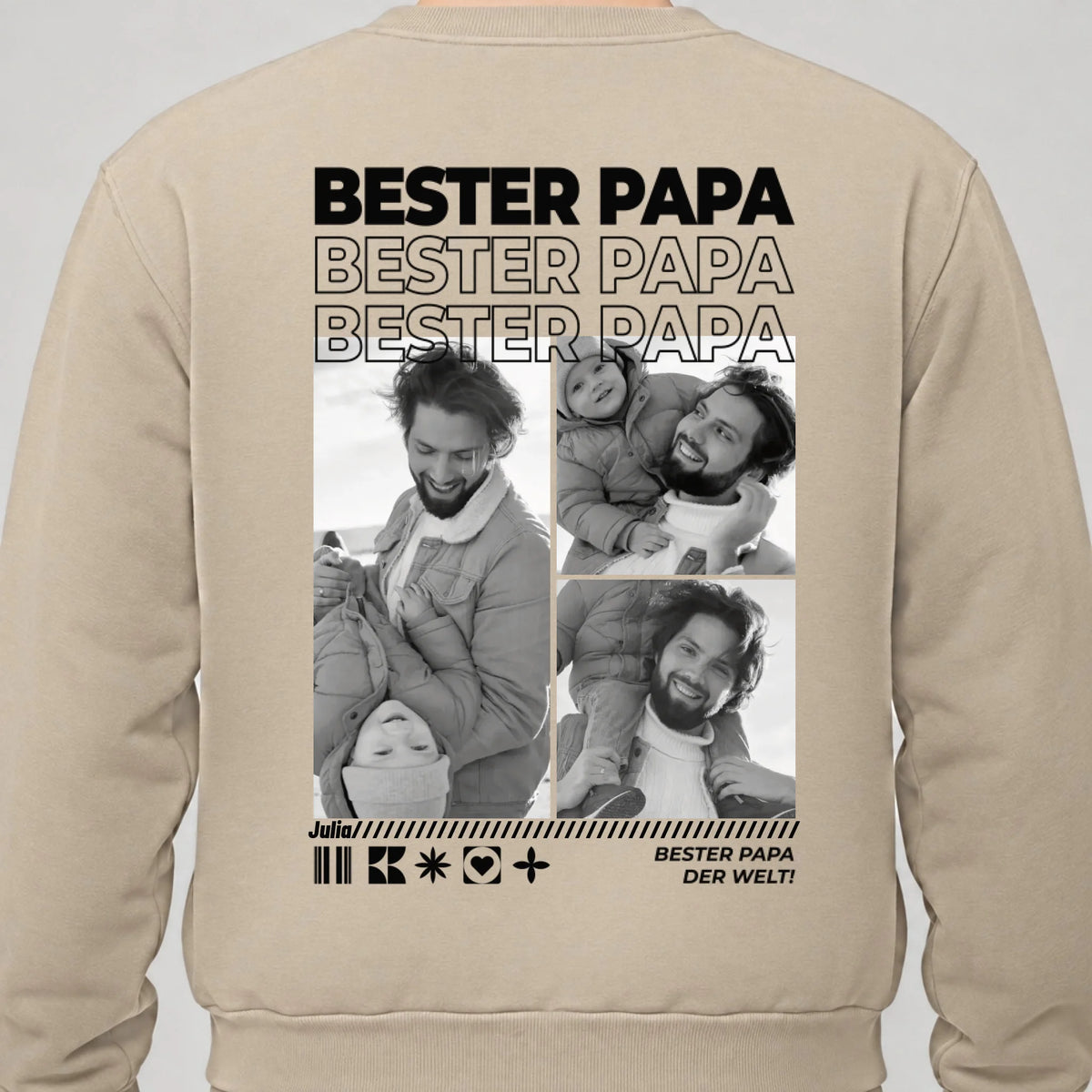 Papa Sweatshirt personalisiert mit Fotos, Namen und Spruch – Rückendruck, Sand, getragen
