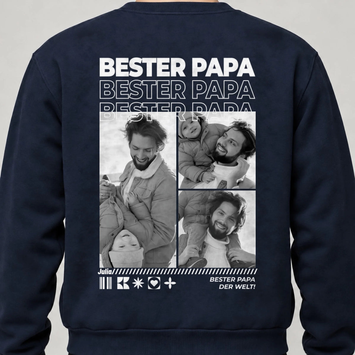 Papa Sweatshirt personalisiert mit Fotos, Namen und Spruch – Rückendruck, Navy, getragen