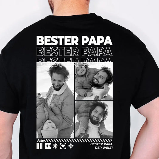 Papa T-Shirt mit Fotos personalisiert – Bester Papa Rückendruck mit Fotocollage in Schwarz