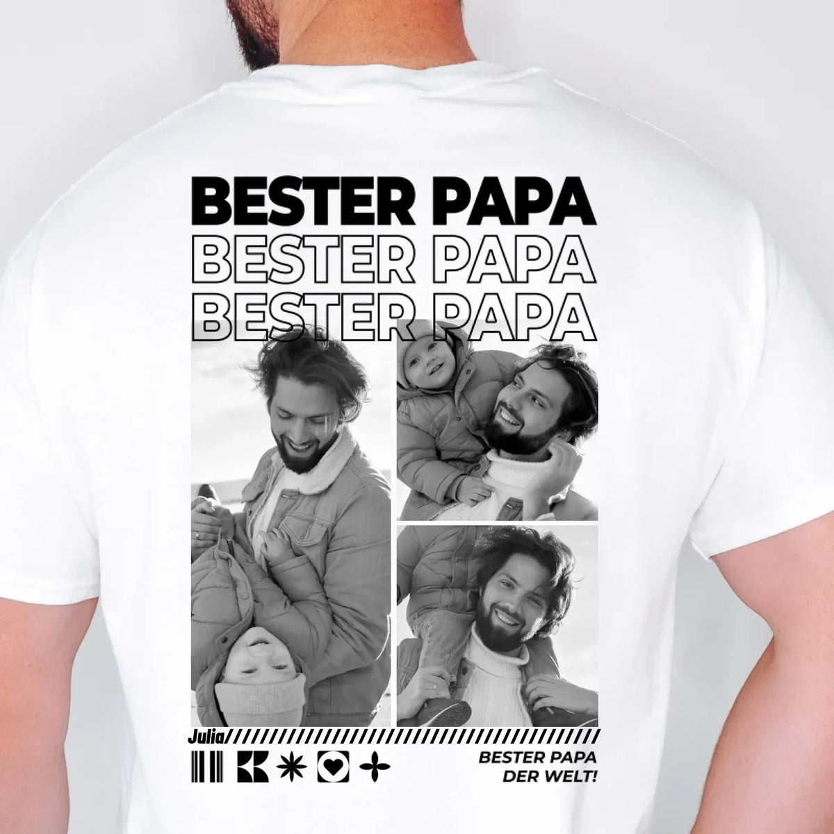 Papa T-Shirt personalisiert mit Fotos – Fotocollage auf dem Rücken in Weiß