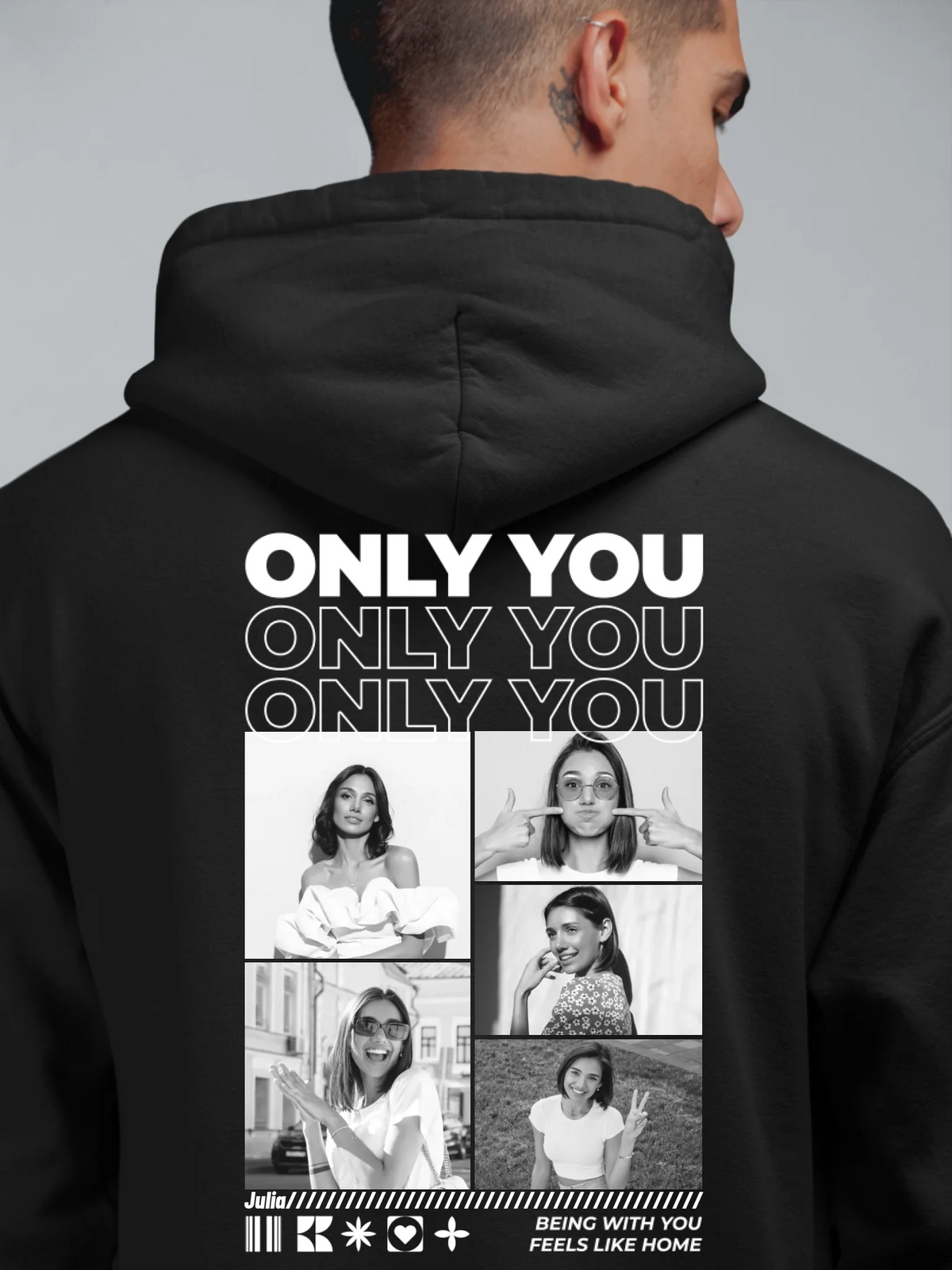 Only You Hoodie mit Fotos personalisiert – Rückendruck mit Fotocollage in Schwarz, Herrenansicht