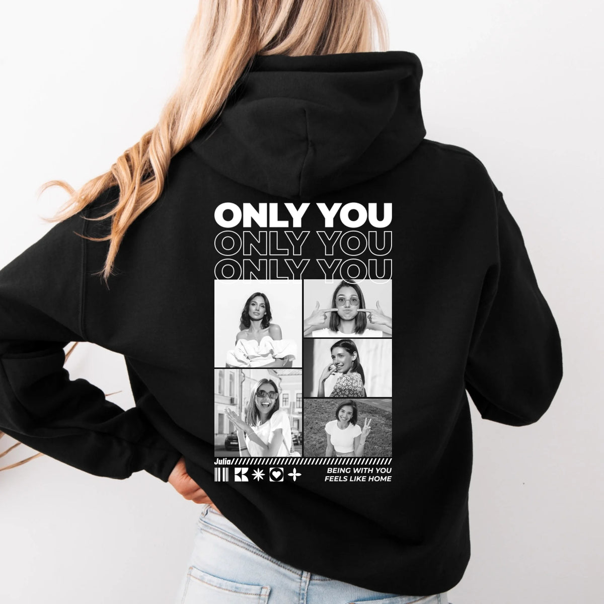 Only You Hoodie mit Fotos in Schwarz – Rückenansicht an einer Frau