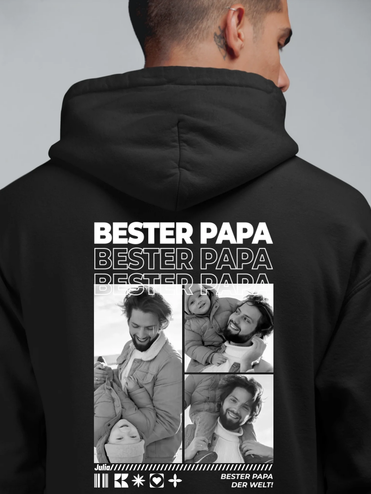 Personalisierter Papa Hoodie mit Foto-Collage, Namen und Spruch – schwarz