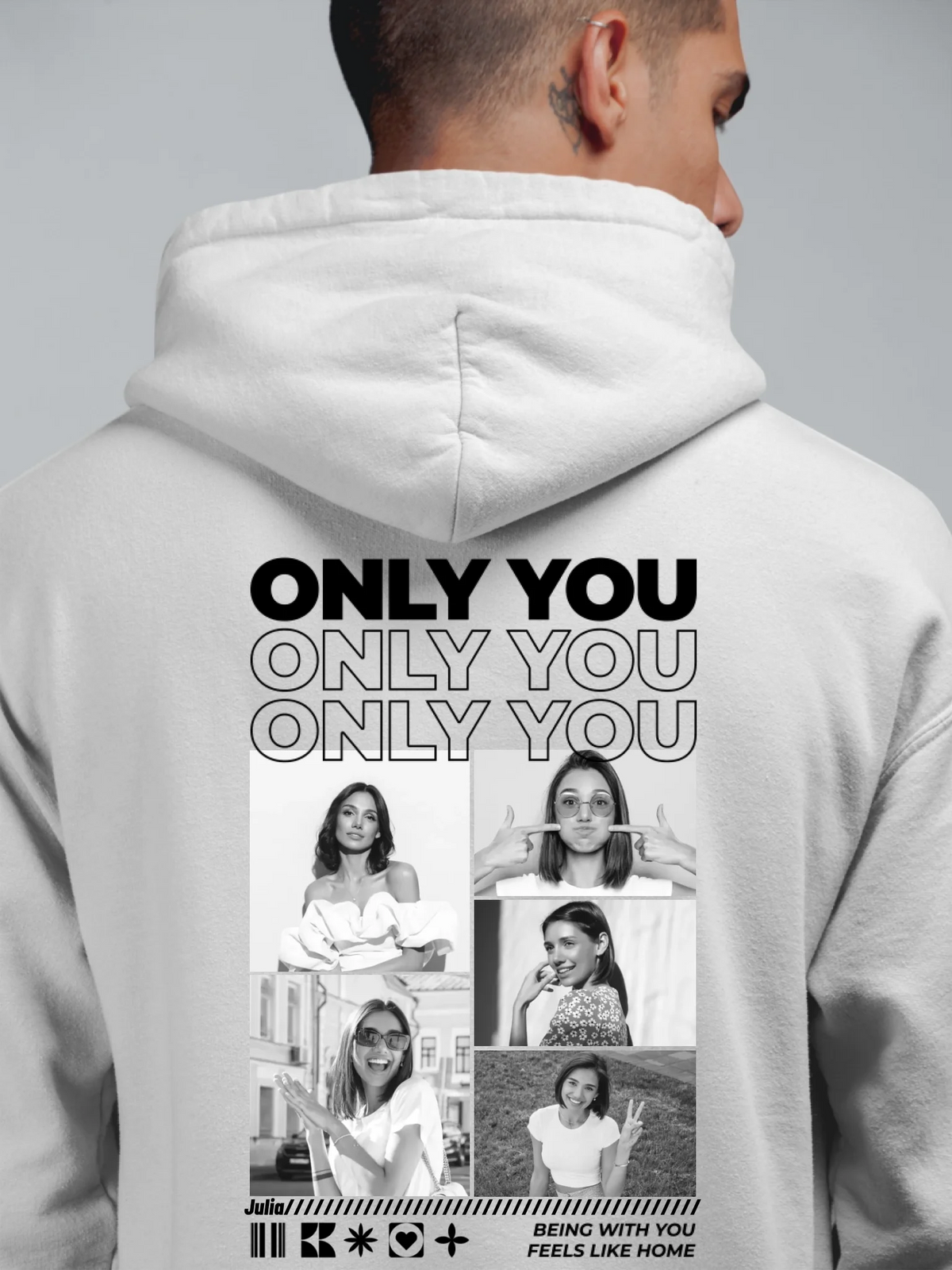 Only You Hoodie personalisiert – Fotocollage auf dem Rücken in Weiß, Herrenansicht